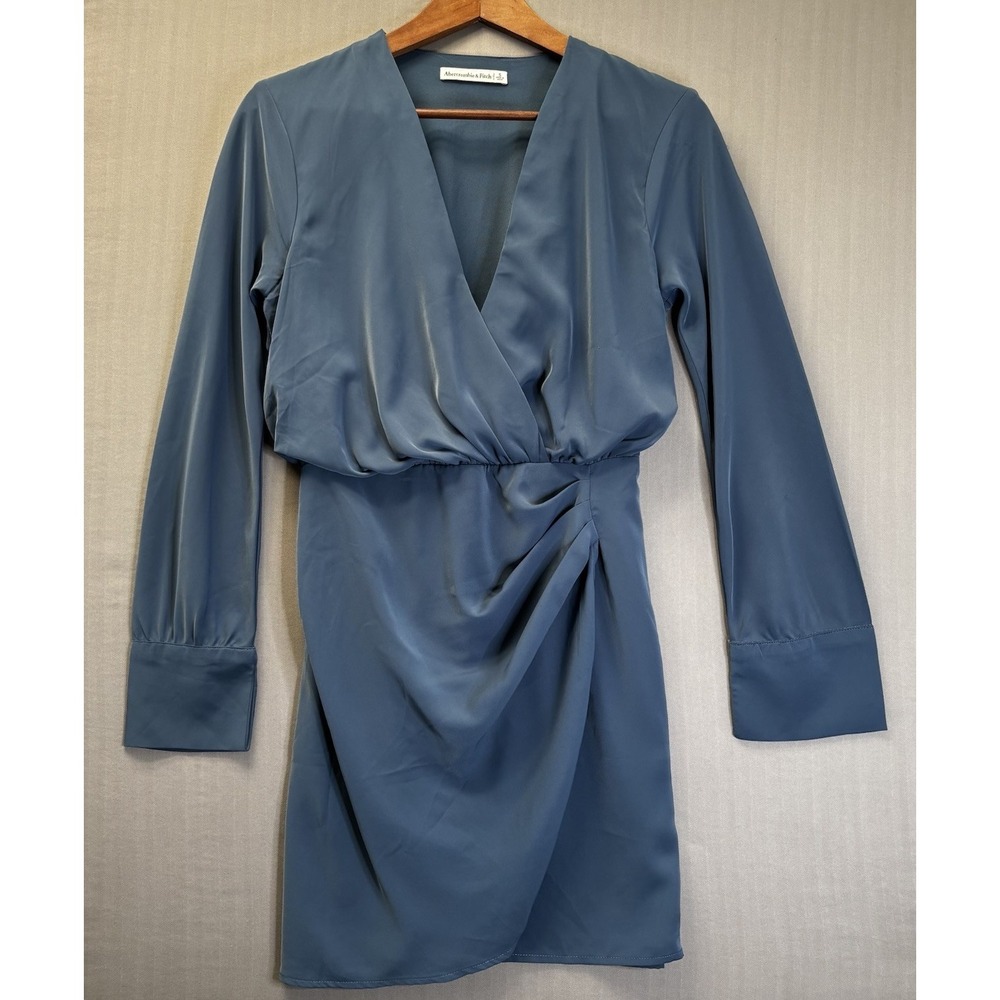 Abercrombie & Fitch Slate Blue Long Sleeve Wrap Mini Dress Womens Small Ruched